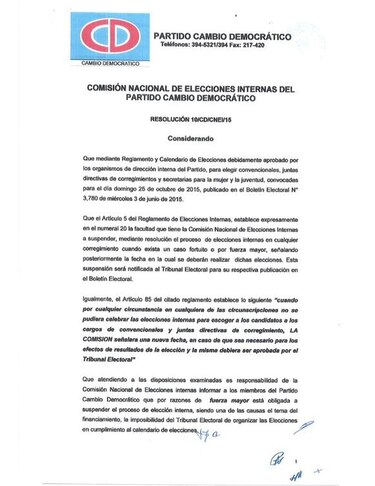 Cambio Democrático pospone elecciones internas para el 6 marzo de 2016