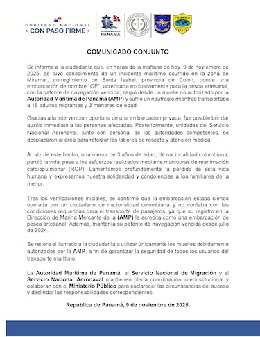 Naufraga lancha con migrantes en la costa arriba de Colón; se reporta la muerte de una menor