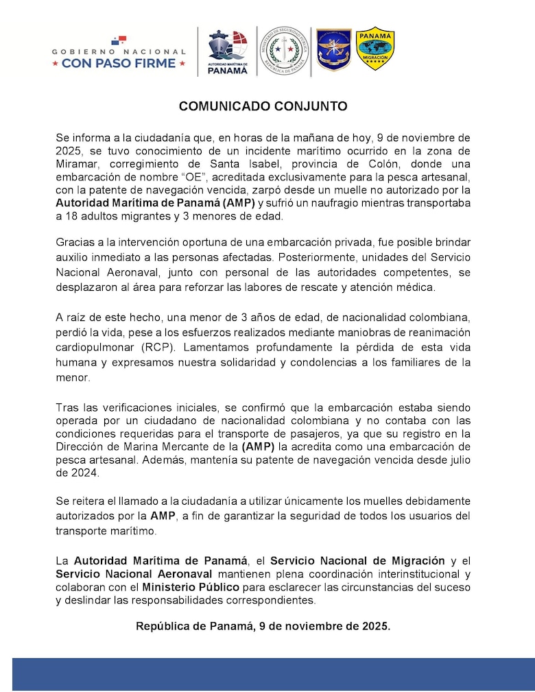 Naufraga lancha con migrantes en la costa arriba de Colón; se reporta la muerte de una menor