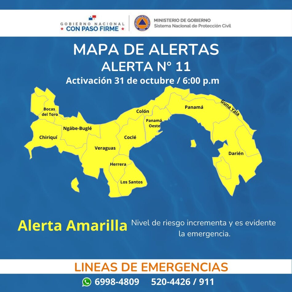 Sinaproc declara alerta amarilla en todo el territorio panameño