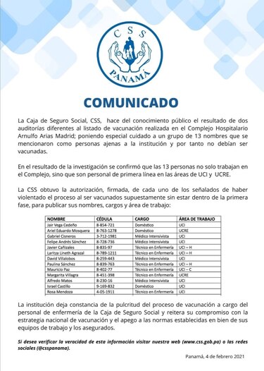CSS revela resultado de auditoría a sistema de vacunación; afirma que nadie se saltó el protocolo