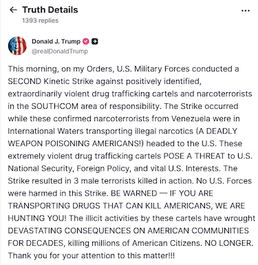 Estados Unidos ataca segunda embarcación con supuestos narcotraficantes venezolanos, anuncia Trump