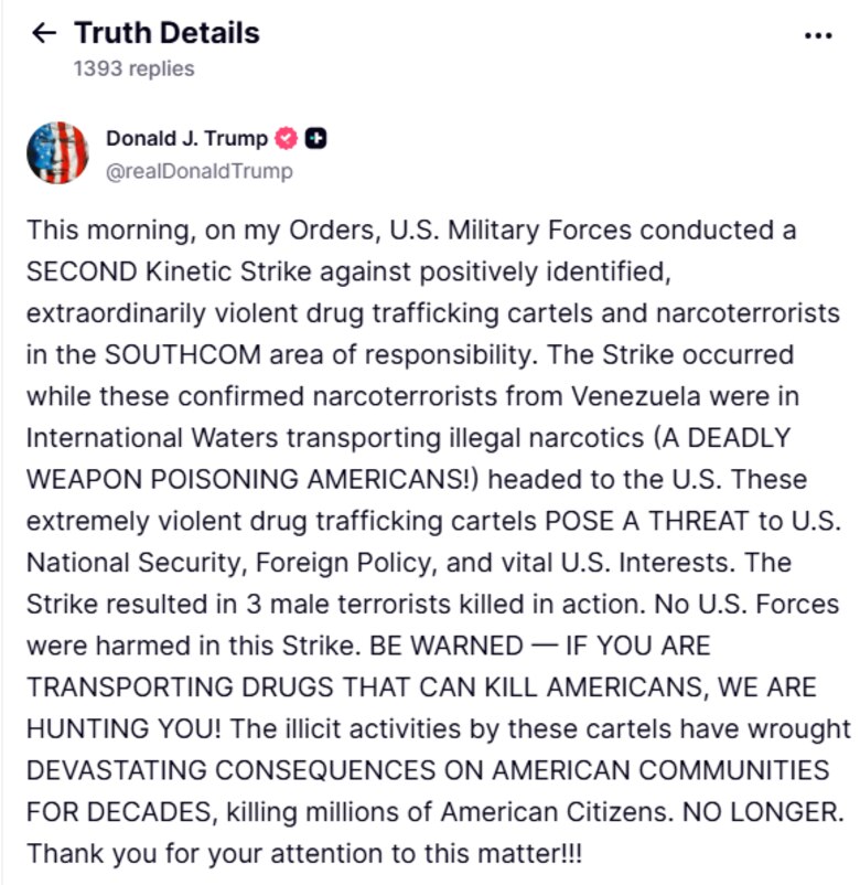 Estados Unidos ataca segunda embarcación con supuestos narcotraficantes venezolanos, anuncia Trump