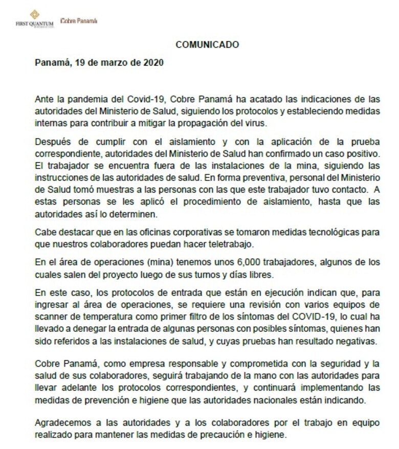 Minsa ordena cerco sanitario en Minera Panamá tras caso de coronavirus