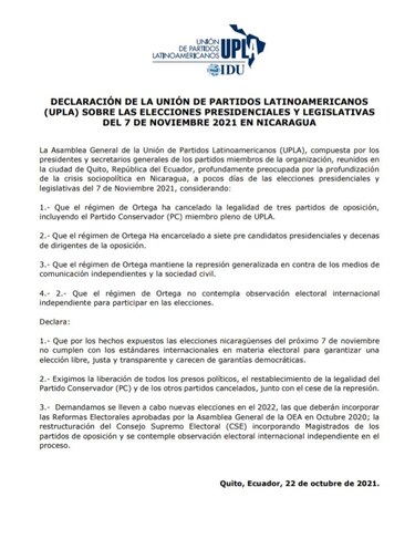 Unión de Partidos Latinoamericanos pide que en 2022 se organicen nuevas elecciones en Nicaragua