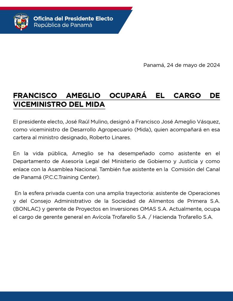 Francisco Ameglio Vásquez será el viceministro de Desarrollo Agropecuario en la administración de Mulino