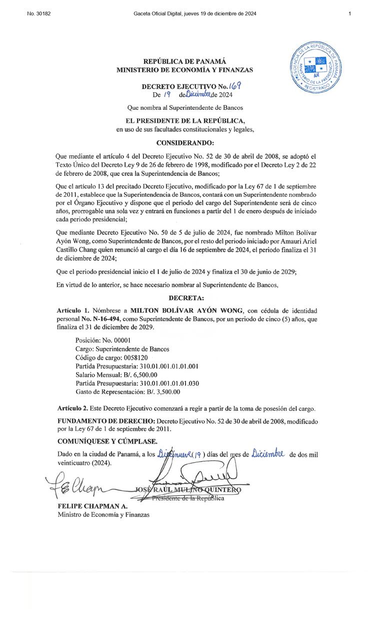 Milton Ayón Wong estará al frente de la Superintendencia de Bancos hasta 2029