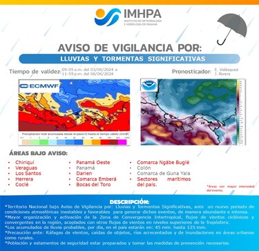 El Imhpa emite aviso de vigilancia por lluvias a nivel nacional