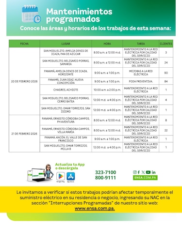 ENSA informa los mantenimientos programados del 16 al 21 de febrero de 2026