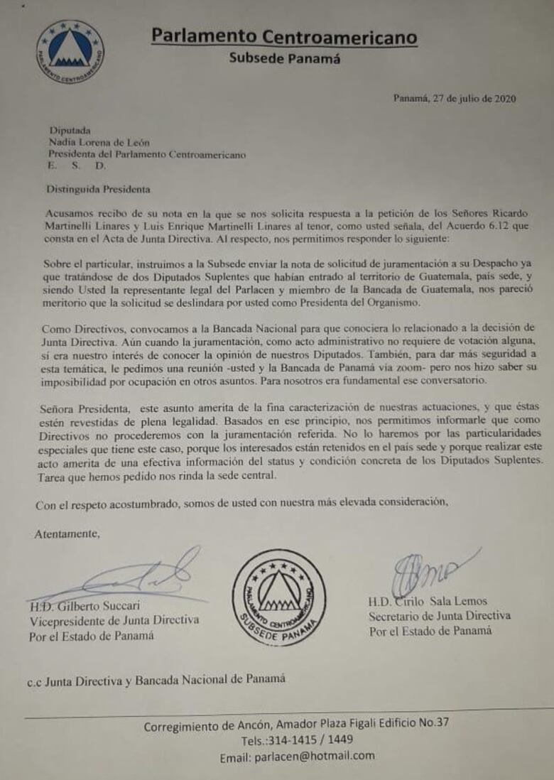 Bancada panameña en el Parlacen dice que no juramentará a los hermanos Martinelli Linares