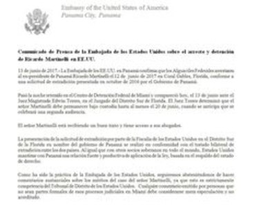 'Martinelli está recibiendo un buen trato y tiene acceso a sus abogados': Embajada de Estados Unidos en Panamá