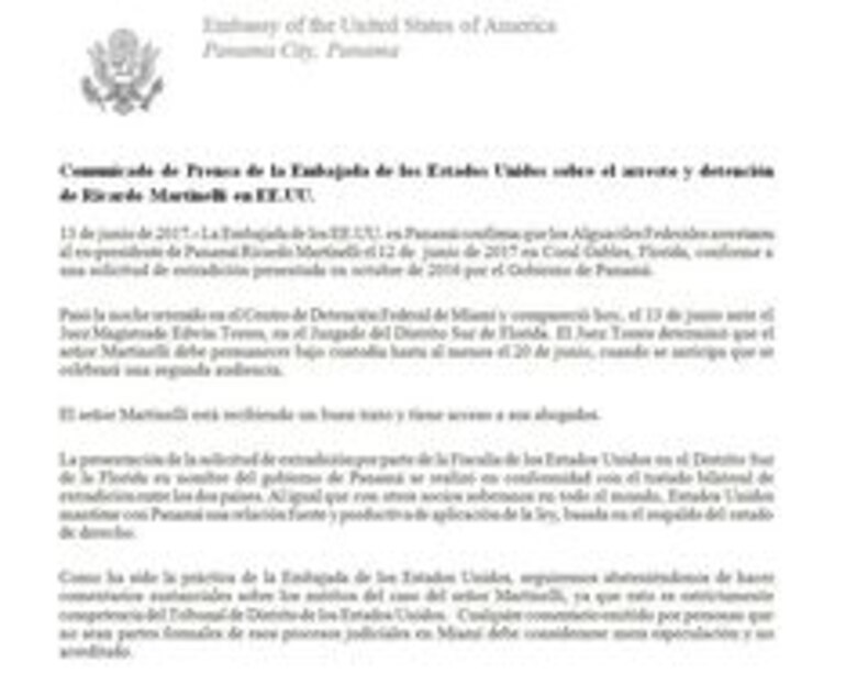 'Martinelli está recibiendo un buen trato y tiene acceso a sus abogados': Embajada de Estados Unidos en Panamá