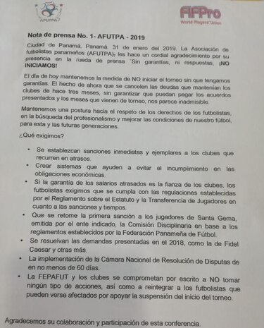 Gremio de futbolistas mantiene su posición de ir a huelga
