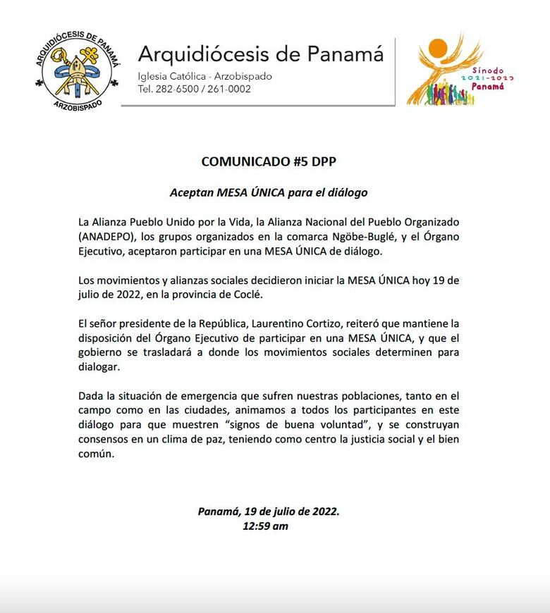 La Arquidiócesis anuncia una mesa única de diálogo, a partir de hoy, en Coclé