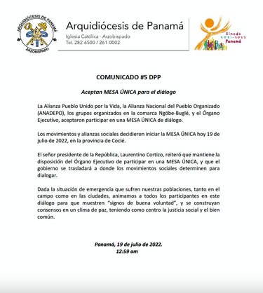 La Arquidiócesis anuncia una mesa única de diálogo, a partir de hoy, en Coclé