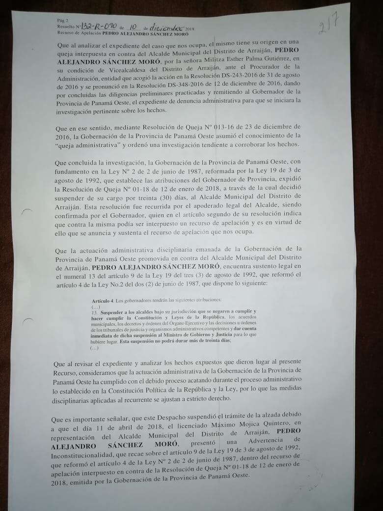 Vicealcaldesa de Arraiján asume control de municipio; alcalde Pedro Sánchez Moro es suspendido
