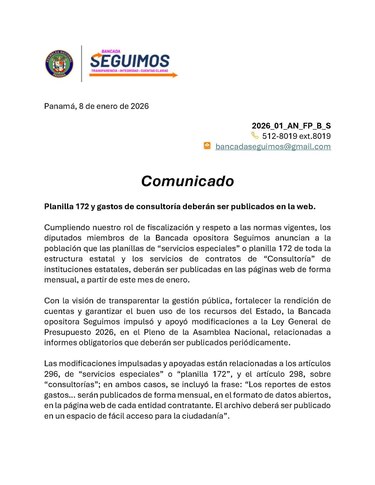 Planilla 172 y consultorías deberán publicarse en línea desde enero de 2026