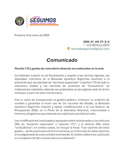 Planilla 172 y consultorías deberán publicarse en línea desde enero de 2026