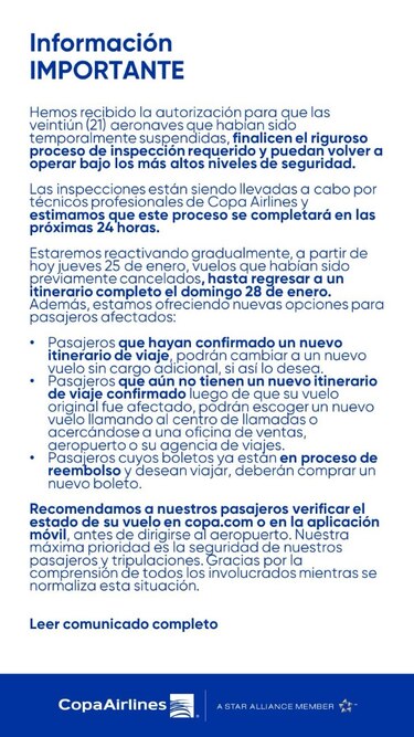 Copa Airlines estima que en las próximas 24 horas se complete la inspección de sus 21 aviones Boeing 737 MAX 9