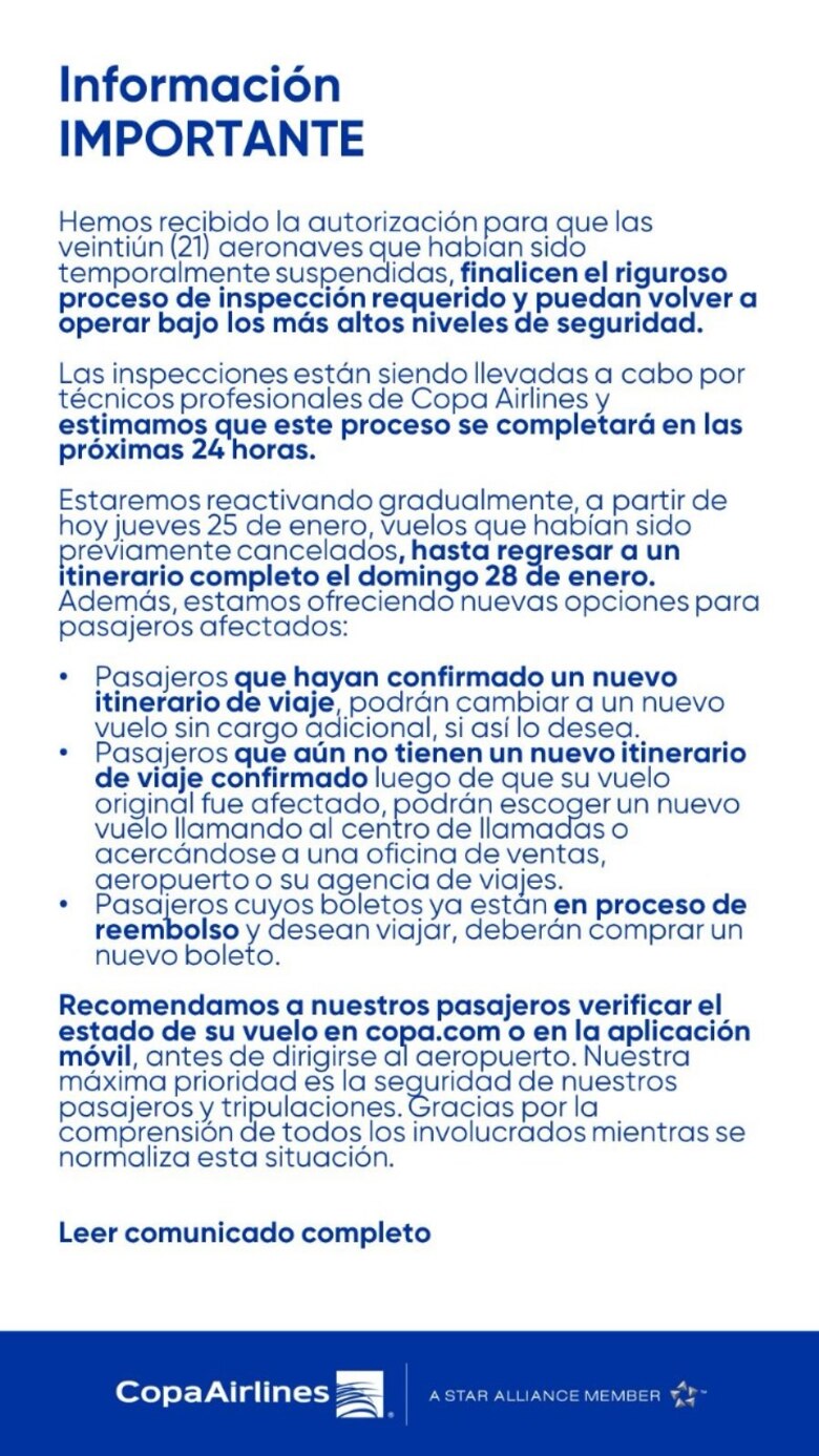 Copa Airlines estima que en las próximas 24 horas se complete la inspección de sus 21 aviones Boeing 737 MAX 9
