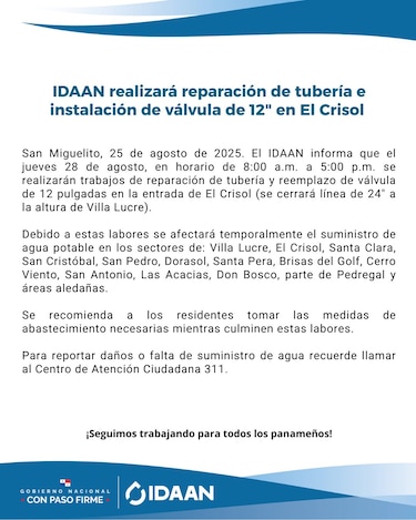 Idaan realizará trabajos de reparación en El Crisol y anuncia suspensión temporal de agua en varios sectores