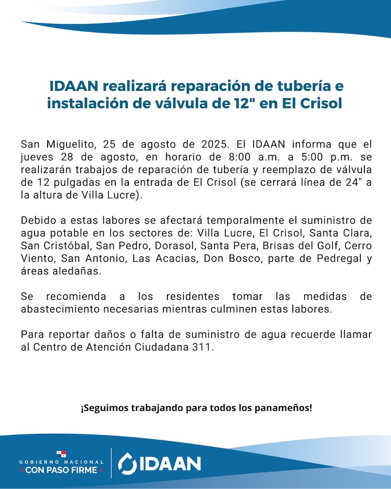 Idaan realizará trabajos de reparación en El Crisol y anuncia suspensión temporal de agua en varios sectores
