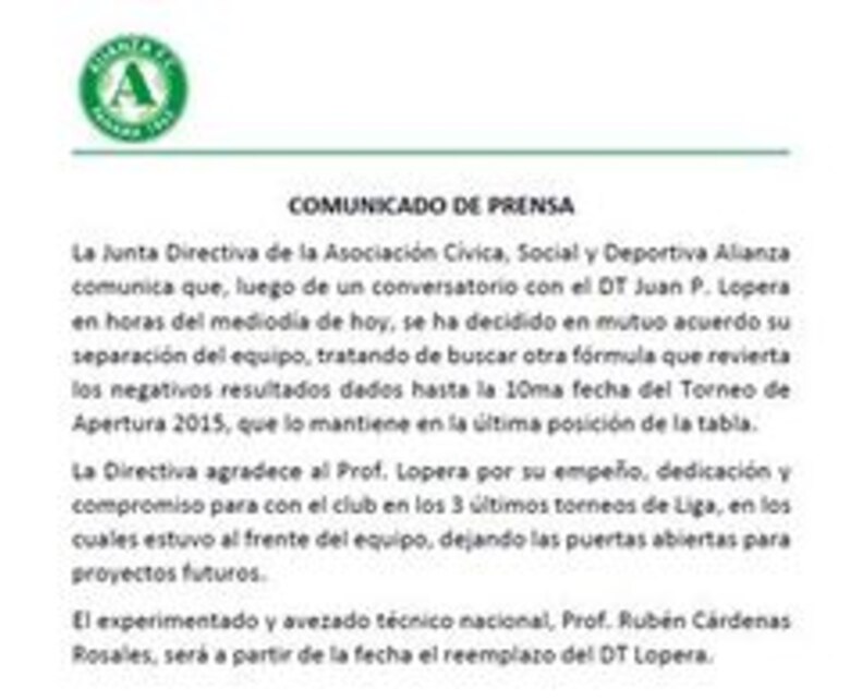 Alianza anuncia la salida del técnico Lopera