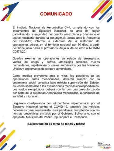 Venezuela extiende restricción de vuelos comerciales por Covid-19 por 30 días más