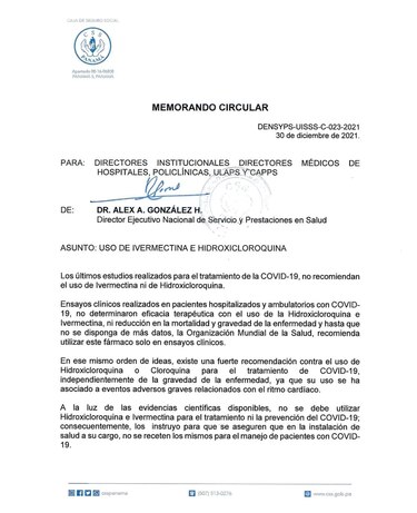 Piden que en instalaciones de la CSS no se recete Ivermectina e Hidroxicloroquina para tratar la Covid-19