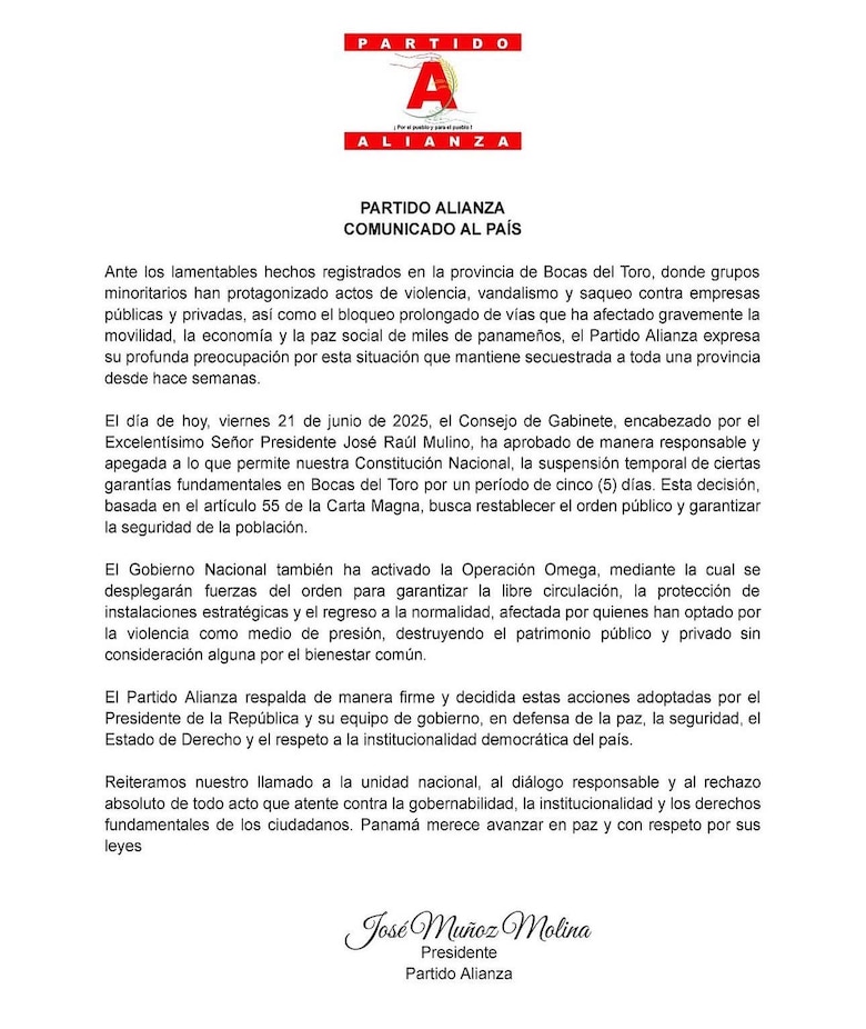 Presidentes de partidos políticos reaccionan al estado de urgencia decretado en Bocas del Toro
