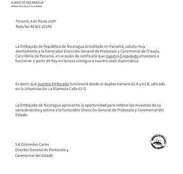 Nicaragua notifica a Panamá sobre cambio de su sede consular