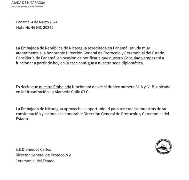 Nicaragua notifica a Panamá sobre cambio de su sede consular