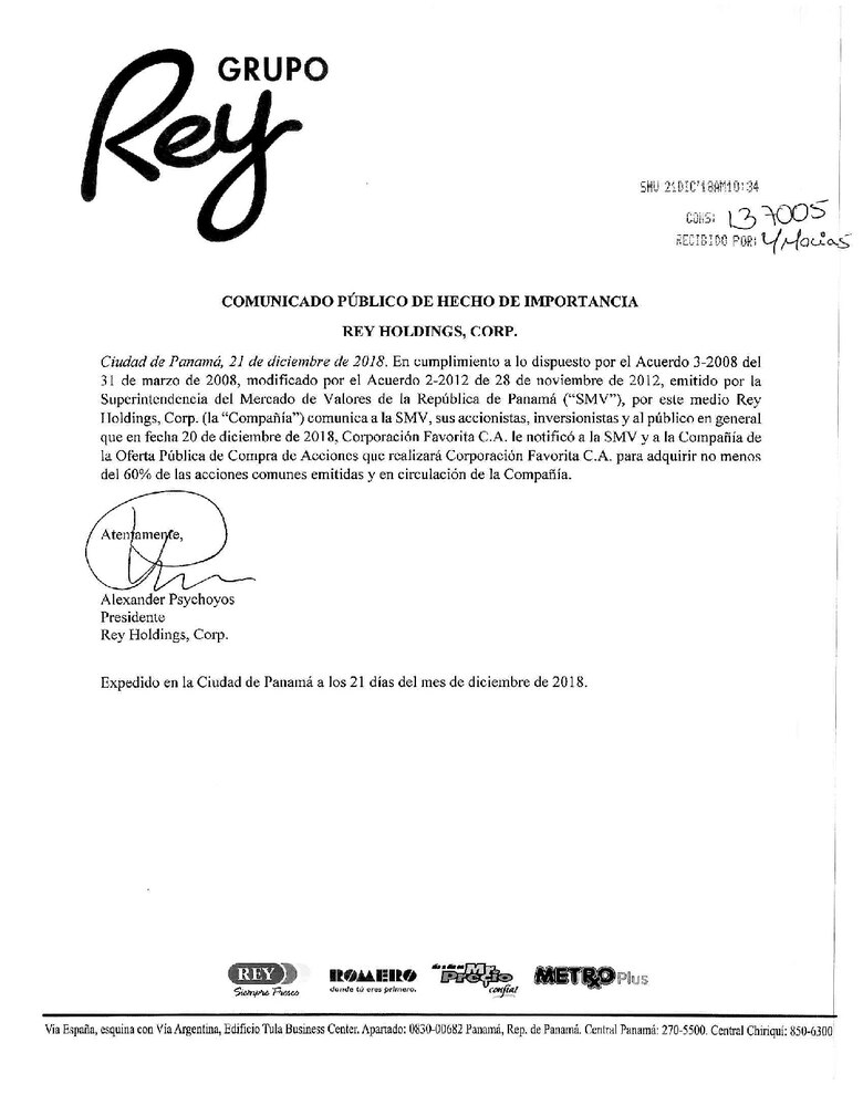 Corporación Favorita formaliza oferta pública de acciones para adquirir Grupo Rey