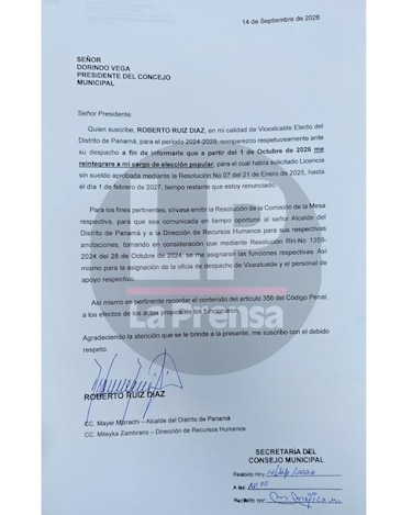 El vice Ruiz Díaz pide reincorporarse a la Alcaldía de Panamá y dice que tendrá un papel ‘más fiscalizador’