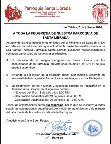 Misa en honor a Santa Librada se realizará sin feligreses; será transmitida por radio y en las redes sociales