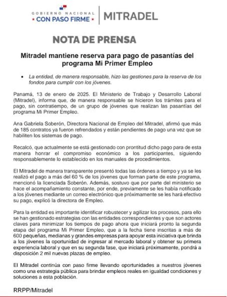 Mi Primer Empleo: Mitradel explica retrasos en el pago a 249 jóvenes