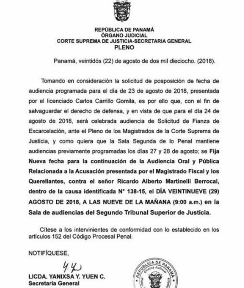 La audiencia de acusación a Martinelli se pospone hasta el 29 de agosto