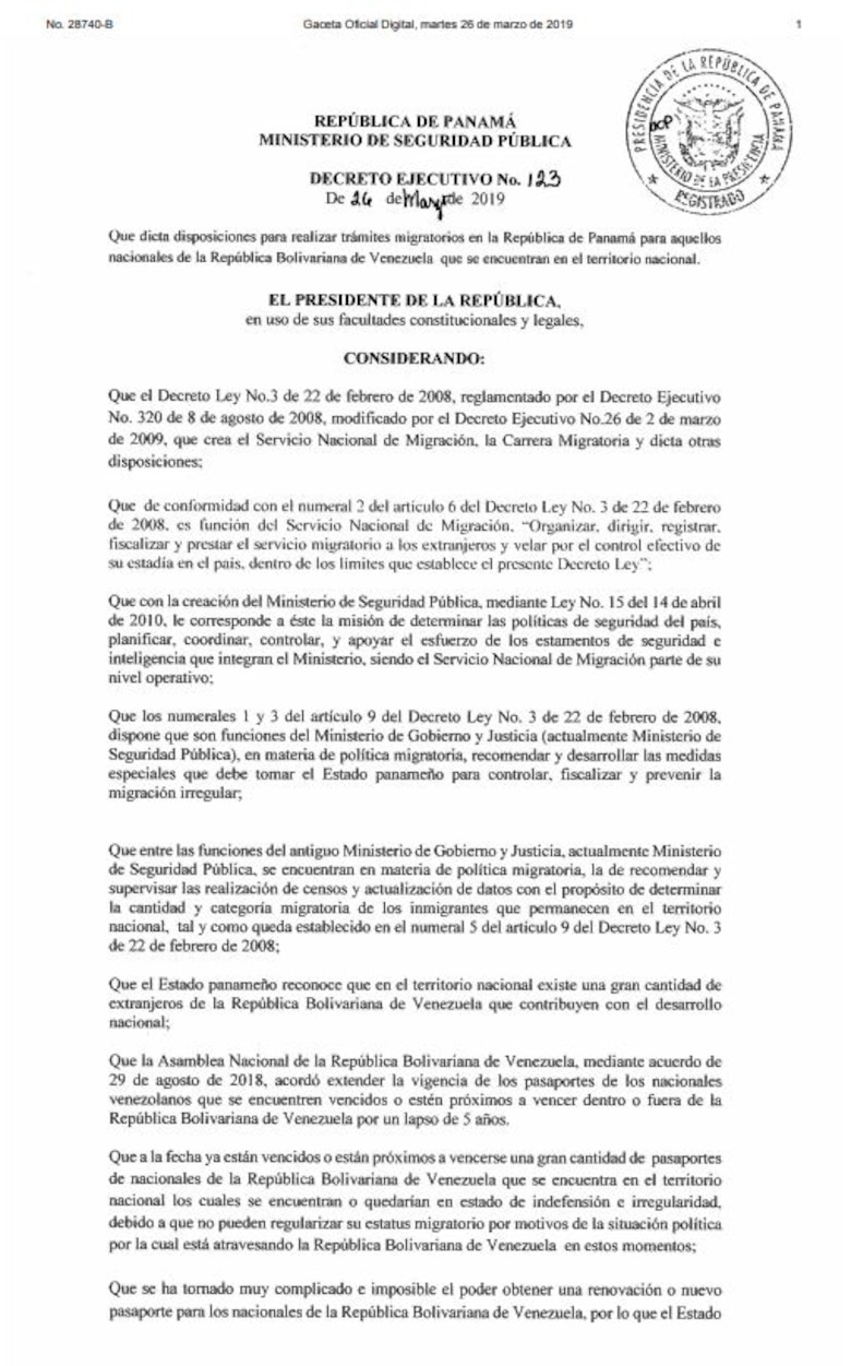 Gobierno panameño reconocerá pasaporte venezolano con sello de prórroga