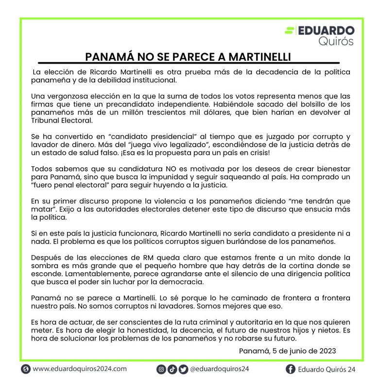 Eduardo Quirós: Si en Panamá la justicia funcionara, Martinelli ‘no sería candidato a presidente ni a nada’
