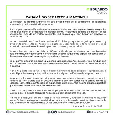 Eduardo Quirós: Si en Panamá la justicia funcionara, Martinelli ‘no sería candidato a presidente ni a nada’