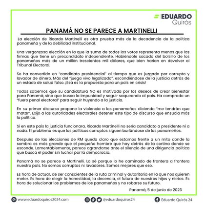 Eduardo Quirós: Si en Panamá la justicia funcionara, Martinelli ‘no sería candidato a presidente ni a nada’