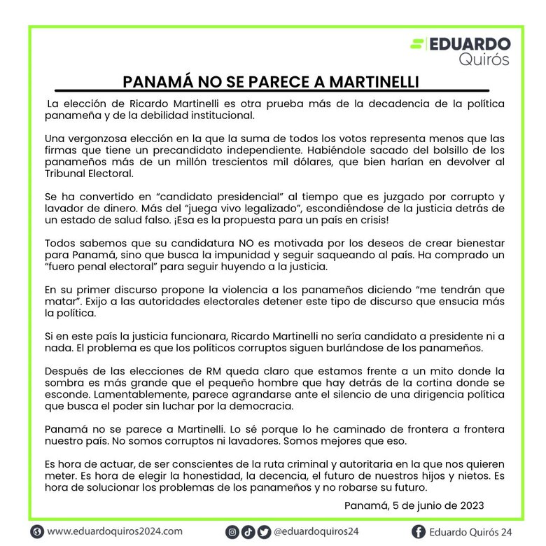 Eduardo Quirós: Si en Panamá la justicia funcionara, Martinelli ‘no sería candidato a presidente ni a nada’