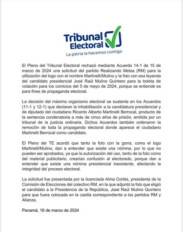 Rechazan petición de RM para usar el logo ‘Martinelli/Mulino’ en la boleta de votación del próximo 5 de mayo