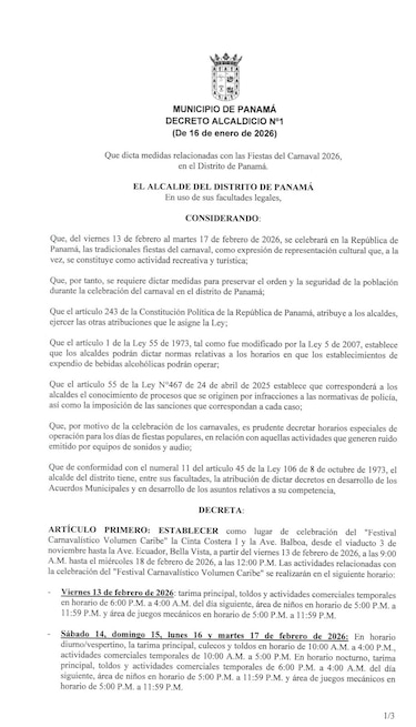 Alcaldía de Panamá fija horarios y prohibiciones para el Carnaval Volumen Caribe 2026