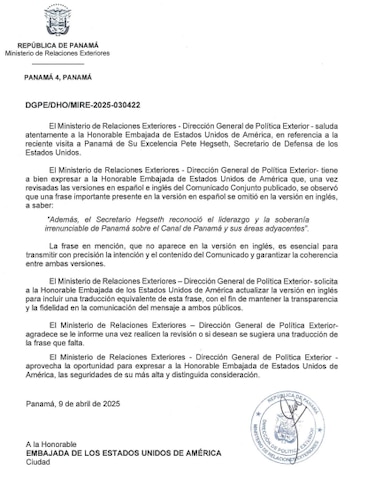 Panamá solicita a Estados Unidos actualizar comunicado reconociendo la soberanía de Panamá