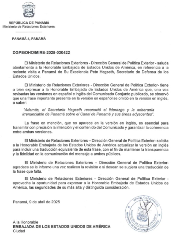 Panamá solicita a Estados Unidos actualizar comunicado reconociendo la soberanía de Panamá