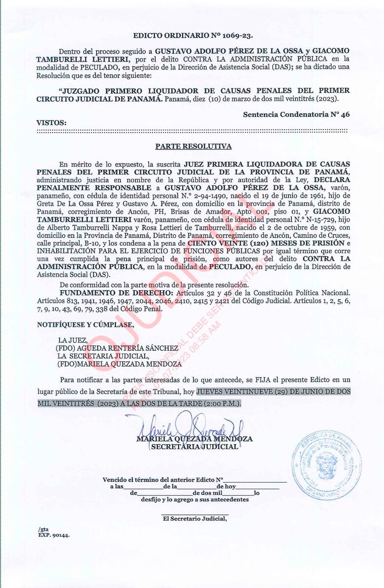 Juez condena a 10 años de prisión a Gustavo Pérez y Giacomo Tamburrelli, por la pérdida de la pinchadora