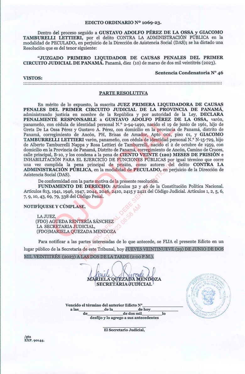 Juez condena a 10 años de prisión a Gustavo Pérez y Giacomo Tamburrelli, por la pérdida de la pinchadora