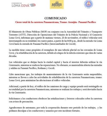 Esta noche cerrarán en su totalidad la carretera Interamericana