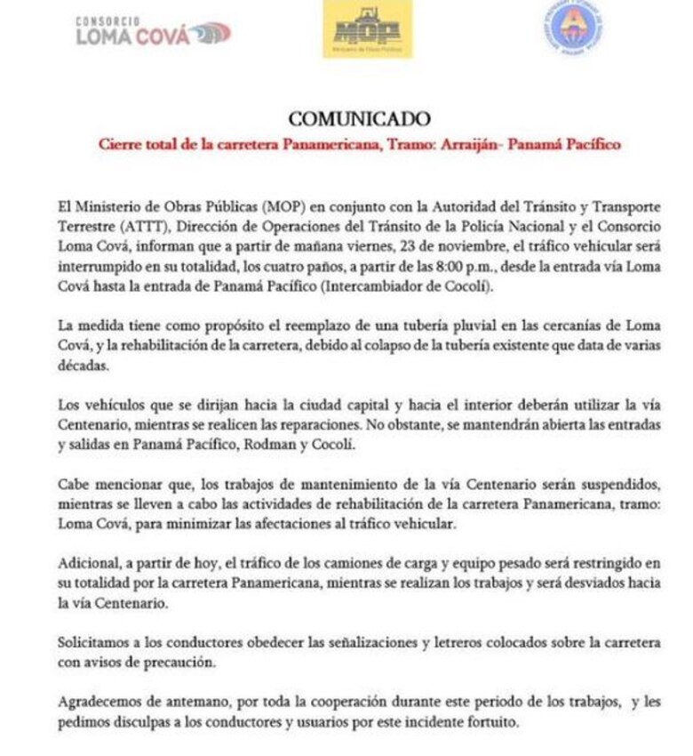 Esta noche cerrarán en su totalidad la carretera Interamericana